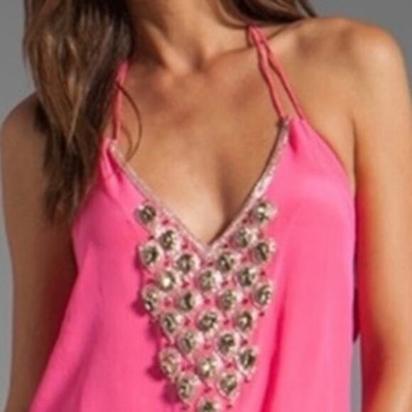 Karina Grimaldi Neon Pink Silk Embellished Rhinestone Beaded Party Dress Revolve - Picture 2 of 10